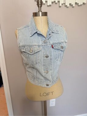 Levi's Light Blue and White Striped Cropped Denim Vest